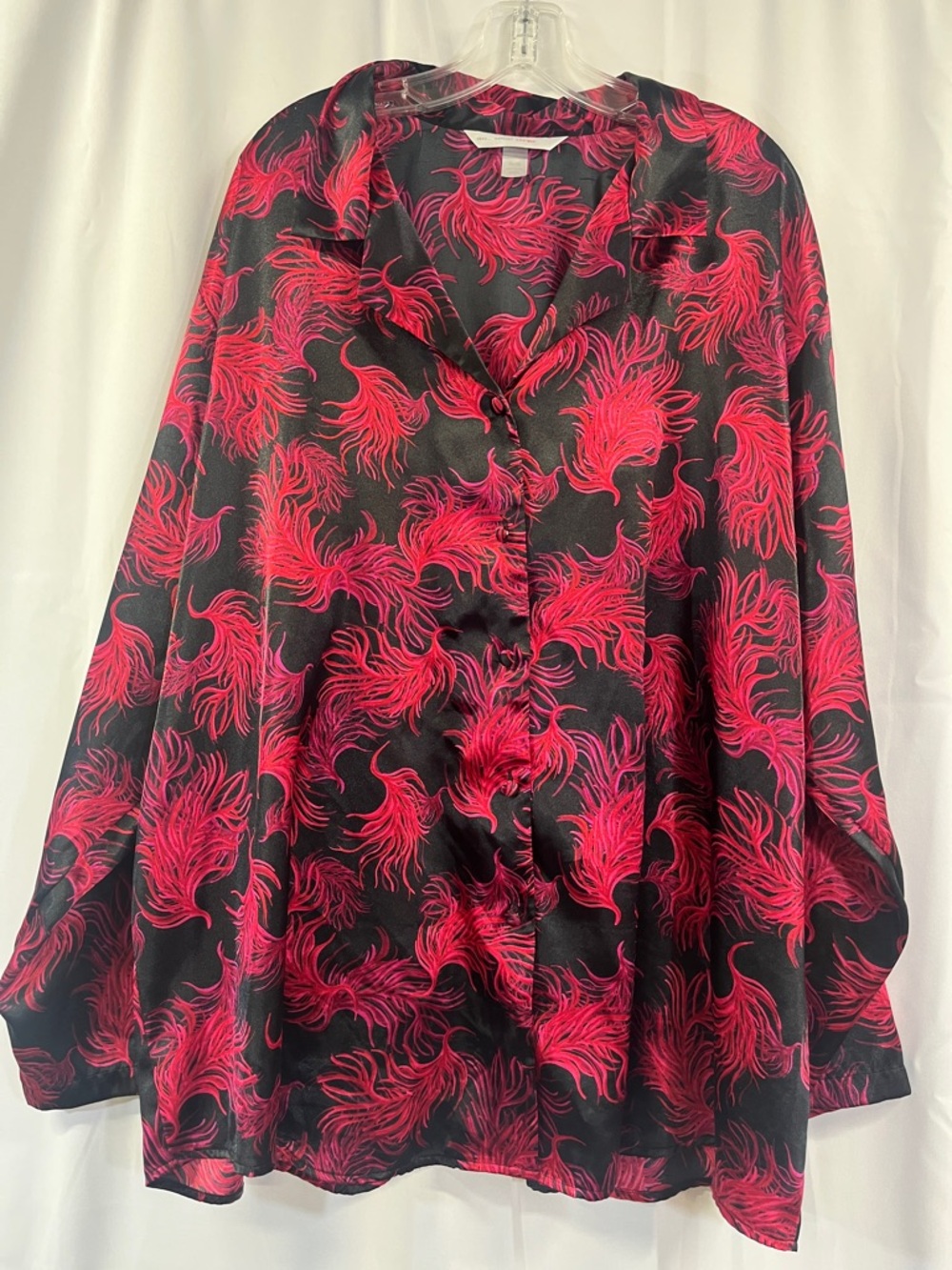 Cacique Black and Hot Pink Feather-Print Satin Pajama Set - Picture 2 of 6